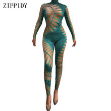 Flashing Rhinestones Green Nude Jumpsuit Sexy Stretch Dance Bodysuit Performance Party Celebrate Stage Show Costume Wear 2024 - buy cheap