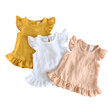 Летние блузки для девочек с рюшами, топы из льна и хлопка, повседневная кружевная детская одежда для маленьких девочек, платье-рубашка 2024 - купить недорого