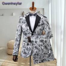 Gwenhwyfar 3 peças conjunto floral impressão terno para os homens vestido de festa casamento smoking, 2021 feito sob encomenda preto peaked lapela blazer calças 2024 - compre barato