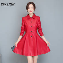 SWREDMI Long Leather Trench S-4XL Plus Size Sweet Woman Leather Coat Autumn Jacket Coat Outerwear Female Leather Clothing 2024 - купить недорого