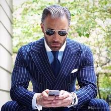 Royal Blue Rope Stripe Men's Slim Fit Business Suits Double Breasted Lapel Prom Blazer Custom Made Jacket and Pants for Party 2024 - buy cheap