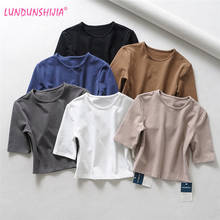 LUNDUNSHIJIA-Tops cortos de algodón puro para mujer, camisa Sexy de longitud media de manga, elasticidad, 6 colores, Primavera, 2020 2024 - compra barato