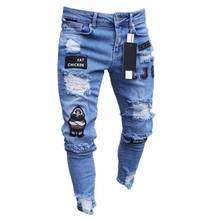 Calça jeans destruída skinny, rasgada, com bordado., jeans de alta qualidade, estilo biker, rasgado, com buracos, slim fit, denim, riscado, 2020. 2024 - compre barato