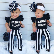 1-6Y Baby Girls 2 pieces clothes set Toddler Summer Casual Short Petal Sleeve Black T-shirts Tops Striped Flare Pants outfits 2024 - buy cheap