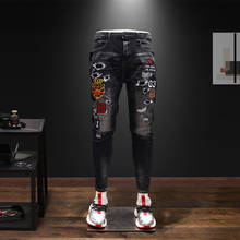 Calça jeans slim casual com bordado rasgado, nova tendência masculina 2024 - compre barato
