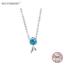 Silverhoo 925 colar de prata esterlina, colar com pingente de peixe fofo para mulheres, bola da moda, colar de prata de cristal azul, joias charmosas 2024 - compre barato