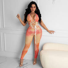 BKLD Spring And Summer New Sexy Outfits For Woman Tie-Dye Printed Mesh See Through Bandage Hollow Out Fashion Bodycon Jumpsuit 2024 - buy cheap