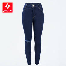 Youaxon calça jeans feminina de cintura alta, azul escuro, rasgada, única, jeans, calça para mulheres, 1883 2024 - compre barato