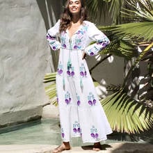 TEELYNN Long Sleeve Ethnic Tunic Maxi Dress Women 2021 Vintage White Cotton Floral Embroidery Loose Autumn Boho Beach Vestidos 2024 - buy cheap