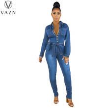 VAZN 2021 Hot Sales High-end Plus Size Denim Jumpsuits Office Lace Up Top Full Sleeve High Waist Women's Skinny Pencil Jumpsuits 2024 - buy cheap