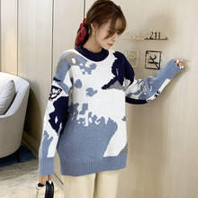 Pullover Women Blue Sky and White Clouds Splicing Loose Sweater Autumn and Winter Round Neck Long Sleeves Blue Knitting Sweater 2024 - buy cheap