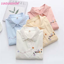 Landunshijia blusa feminina de algodão com flor pequena e bordada borboleta, camisa feminina de manga comprida para primavera 2021 2024 - compre barato
