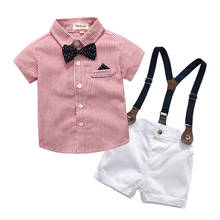 Tem Doger 2021 Summer Boys Gentleman Style Outfits Stripe Short Sleeve+Bowtie Suspenders Shorts Children Formal Wear Clothing 2024 - buy cheap