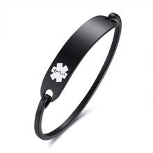Black Medical Alert ID Bracelets for Women Stainless Steel First AID Cuff Bangle Free Engraving 2024 - buy cheap