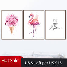 Pink Flamingo Flower Ice Cream Love Quote Canvas Painting Nordic Prints Wall Art Decor Pictures For Posters Aesthetic Room Decor 2024 - buy cheap