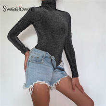 Sweetown Black Turtleneck Bodycon Bodysuit Winter Glitter Elegant Body Women Long Sleeve Basic Rompers Womens Jumpsuit Shorts 2024 - buy cheap