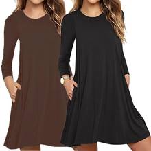 Womens Autumn Long Sleeve Round Neck Plain T-Shirt Dress Solid Color Pleated Swing Casual Loose Pullover Streetwear with Pockets 2024 - buy cheap