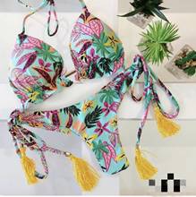 Girls ties halter brazilian push up bikini tassels swimwear biquini strappy bandage swimsuit beach wear bathing suit women 2024 - buy cheap