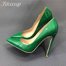 Tikicup-zapatos de vestir formales para mujer, tacones muy altos de charol brillante verde oliva, puntiagudos, stilettos, sólidos 2024 - compra barato