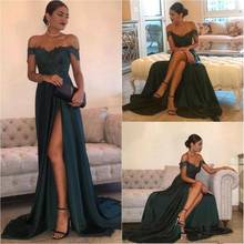 2020 Newest A Line Satin Lace Appliques Floor Length Off the Shoulder Elegant Split Dark Green Prom Evening Formal Dresses 2024 - buy cheap