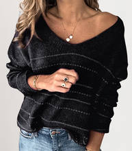 Пуловер женский трикотажный в полоску, с V-образным вырезом, большого размера 2024 - купить недорого
