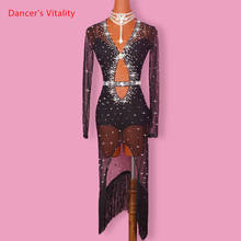 Vestido de dança latina feminino, com gola em v, manga longa aberta, fantasia para competição de dança latina, salsa, rumba, flamengo 2024 - compre barato