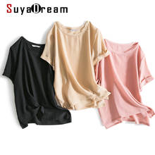 SuyaDream-Blusa de seda auténtica para mujer, Camisa lisa de manga corta con cuello redondo en colores caramelo, talla grande, informal, 100% 2024 - compra barato