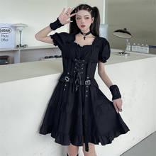 Gothic Puff Short Sleeve Street Ruffles Dresses Black Punk Girl Pleated Mini Dress Summer Lace-up Ribbon Empire Harajuku Clothes 2024 - compra barato