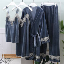Novo pijama feminino de inverno, conjunto de roupas de pijama de veludo com renda quente e sensual, lingerie para dormir, 4 peças 2024 - compre barato
