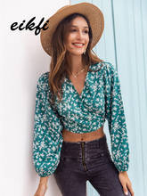 EIKFI Women Green Ditsy Floral Print Crop Top Spring Summer Lady Back Waist Tie V Neck Long Sleeve Boho Women Blouse and Tops 2024 - buy cheap