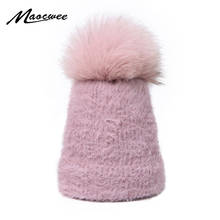 Women Hat Real Fur Pom Pom Hat Beanie Knitted Cap Children Winter Female Warm Wool Nature Fur Crochet Soft Solid Outdoor Natural 2024 - buy cheap