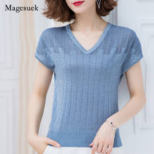 Thin Ice Silk Shirt Women Tops Fashion V-neck Short Sleeve 2021 Summer Women Shirts Casual Knit T Shirt Female Tees Blusas 13780 2024 - buy cheap