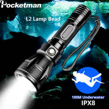 Lanterna de mergulho profissional, poderosa, t6/l2, ipx8, à prova d'água, super clara, 18650, 100m, subaquática 2024 - compre barato