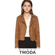 Tmoda276 jaquetas de couro falso femininas, casaco de camurça com zíper marrom motociclista, outono inverno, moda feminina, 2021 2024 - compre barato