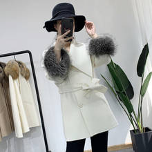 Женское шерстяное пальто, приталенное однобортное пальто из лисьего меха с отложным воротником и поясом, для зимы 2024 - купить недорого