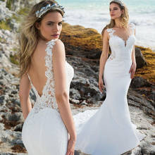 Vestido de noiva estilo sereia, vestidos para praia, gola redonda, com apliques, vestido de renda, boho 2024 - compre barato
