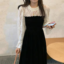 Cutout Lace Stitching Bell Sleeve Velvet Dress Long  Woman Dresses Vestido De Mujer Femme Robe 2024 - buy cheap