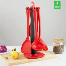 Conjunto de utensílios de cozinha com suporte rotativo de 360 graus, 7 peças, conjuntos de ferramentas de cozinha de silicone, utensílios de cozinha, vermelho 2024 - compre barato