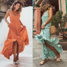 Hirigin Spaghetti Strap Dot Print Sundress Long Boho Summer Beach Holiday Dress Women Sexy Sleeveless Casual V Neck Maxi Dresses 2024 - buy cheap