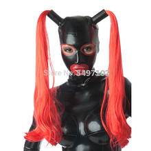 Handmade Women Latex Hoods With two red Tress Wig Hair Customized Zipper Fetish Open Eyes Mouth Mask Heroine Headgear Zentai 2024 - buy cheap