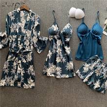 4 PCS Women Pajamas Sets Summer Silk Satin Pajamas Sets With Chest Pads Flower Print Pijama Sleepwear Autumn Pyjamas Homewear PJ 2024 - buy cheap