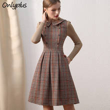 2021 Women Vintage Dress winter long-sleeve Woolen Patchwork Knitted Sleeve High Waist Pleat Brown Dresses A-Line Laidies New 2024 - buy cheap