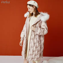Jaqueta longa com capuz feminina artka, casaco de inverno bordado elegante 2020 com pato branco, pele de guaxinim e capuz 90% 2024 - compre barato