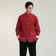 Camisas masculinas estilo chinês hanfu, camisetas de manga longa de linho estilo tag jaqueta tai chi uniforme wushu, roupas vintage com colarinho 2024 - compre barato