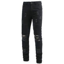 Europeu rasgado magro ajuste jeans dos homens lavados calças de brim magros moda biker estiramento lápis calças de brim para streetwear masculino 2024 - compre barato