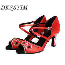 Dkzsyim mulher latina sapatos de dança saltos 3-10cm red ballroom salsa sapatos de dança strass elegante sandálias de dança corte-outs venda quente 2024 - compre barato