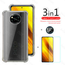 Para xiaomi poco x3 caso 3in1 caso transparente para xiaomi poco x 3 nfc pocox3 pocophonex3 lente da câmera de vidro temperado capa do telefone 2024 - compre barato