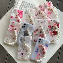 Capa de celular macia com flores em relevo, capa de pulso para oppo a73 a93 a92 a72 a52 a53 s a5 a9 a91 a31 a31 a8 a12 a12e com glitter e corrente de pérola 2024 - compre barato