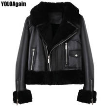 Yoloagain jaqueta feminina de couro legítimo, inverno quente, jaqueta feminina de couro de corvino 2024 - compre barato