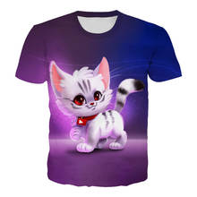 Camisa masculina e divertida de desenhos animados para verão, camiseta de gato com estampa 3d roxa, lazer, roupas de rua, gola em o, 2020 2024 - compre barato